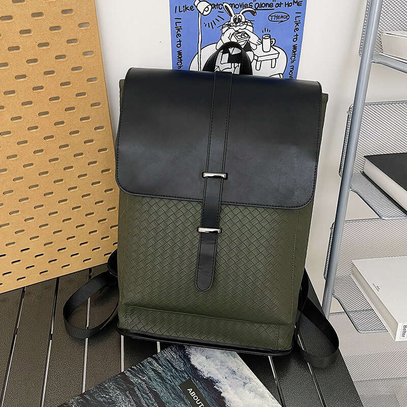 Trendy Brand Simple Men's Personality Flip Cover College Student Laptop Bag Large Capacity Commuter-Woven - Texture Leather