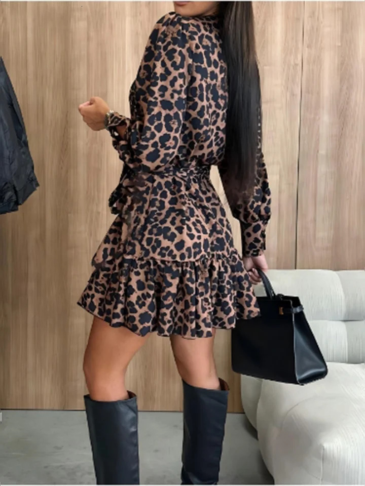 Womens Leopard Printed Dresses V-Neck Lace Up Bubble Long Sleeved Sexy Dress Elegant Dating Autumn Mini Dress 250806