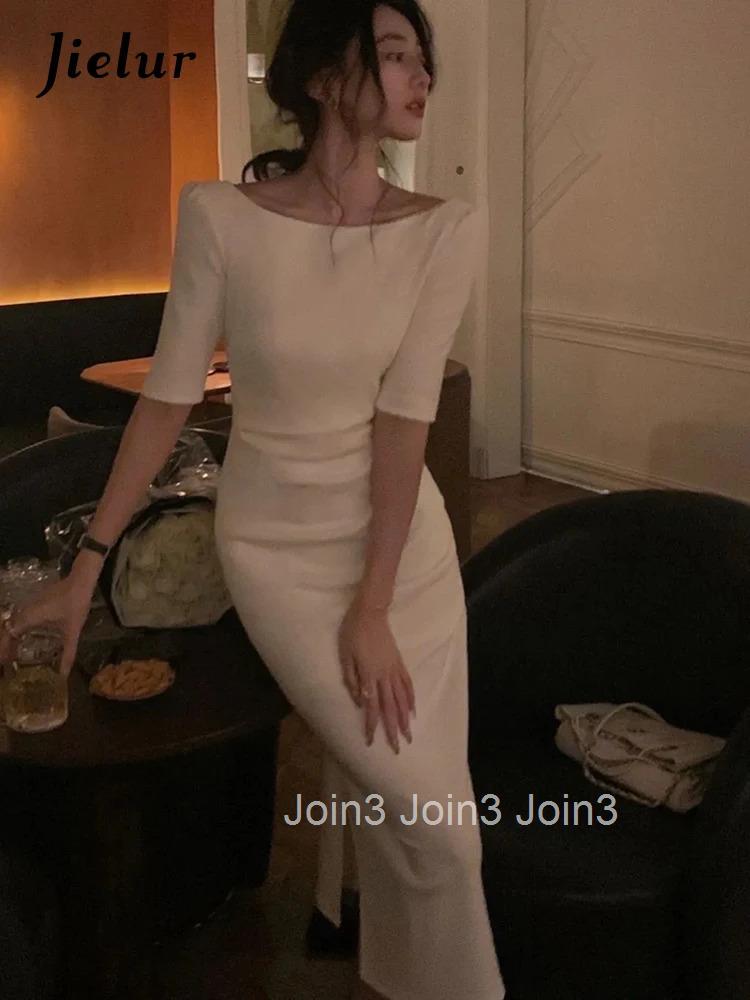 Jielur Korean Style Simple Dress for Women Elegant Midi Bodycon Dress Office Ladies Solid Clothing Femme Fashion Summer Vestidos