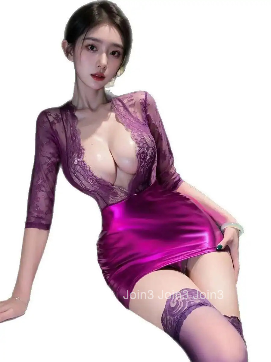 Hot Sexy V Neck Lace Mini Dress Purple Lace Sexy Female Secretary Sexy Professional OL Role-playing Nightclub Dress Elegant 5MJJ