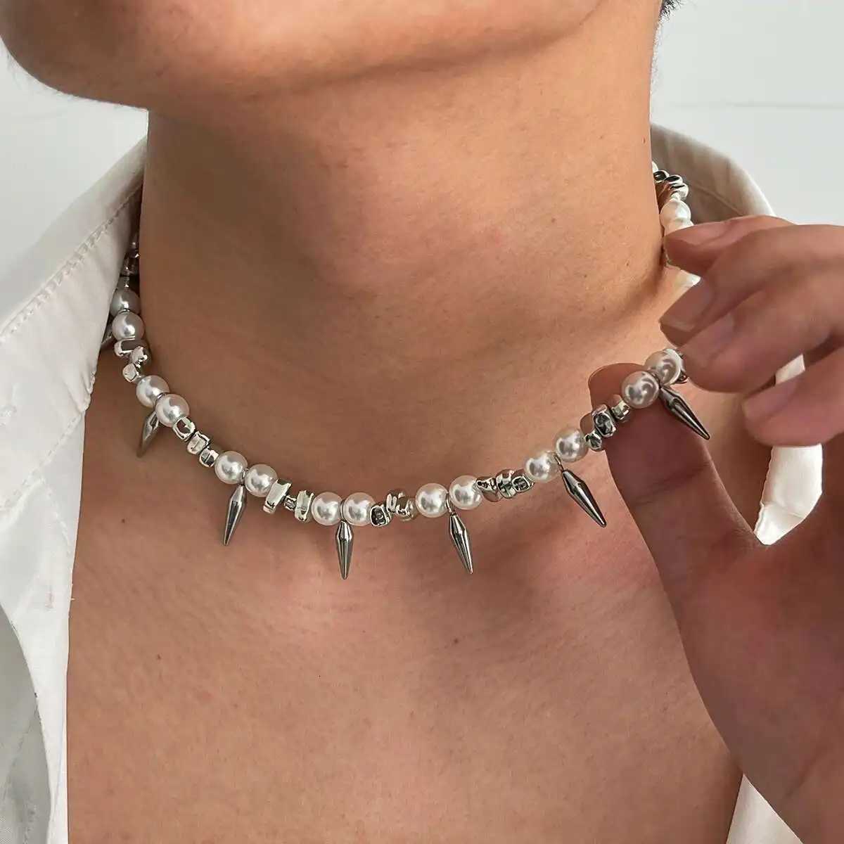 Ingemark Hip Hop Stainless Steel Imitation Pearl Chain Necklace for Men Trend 2025 Goth Rivet Pendant Choker Grunge Jewelry Gift Y250805