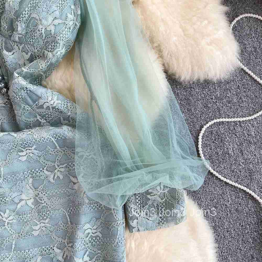 Retro lace Mesh Sheer Puff Sleeve v neck Chiffon sheer Dress Appear thin Women sexy Hip Wrap dresses