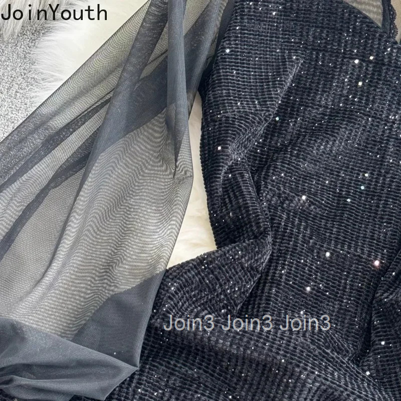 Temperament Robe Femme Black Patchwork Gauze Dress Women Vestidos De Mujer Lantern Sleeve Velvet Sequin Bodycon Dresses