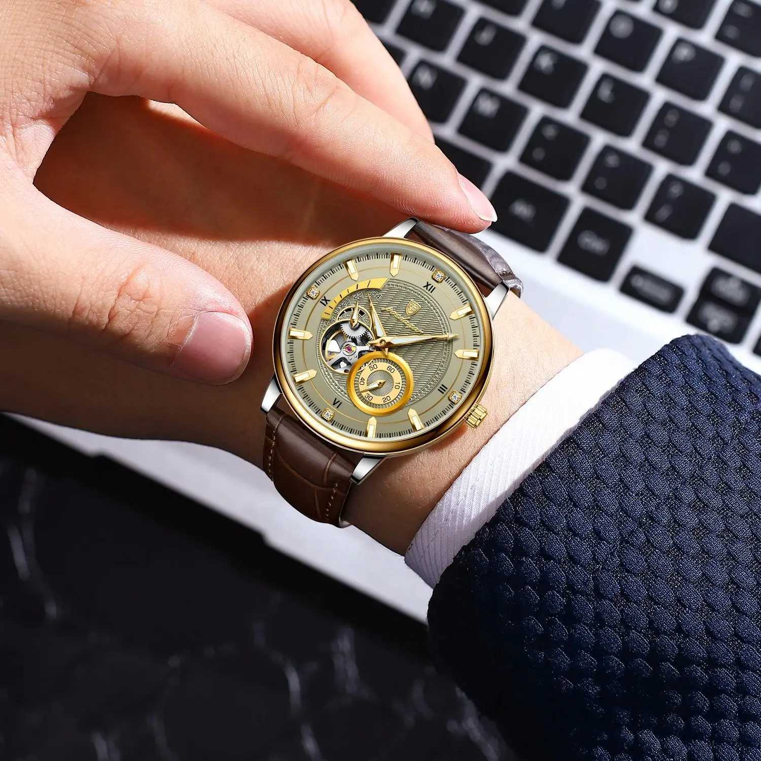 POEDAGAR Sports Luxury Men Clock Waterproof Luminous Man Hollow Tourbillon Automatic Mechanical Leather Mens Watch W250806