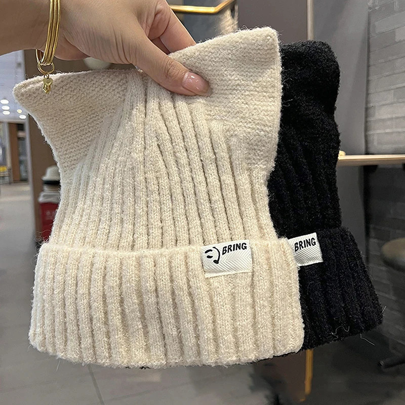 Cute Cat Ears Beanies For Women Autumn And Winter Warm Ear Protection Sweet Versatile Pullover Knitted Hats 250806