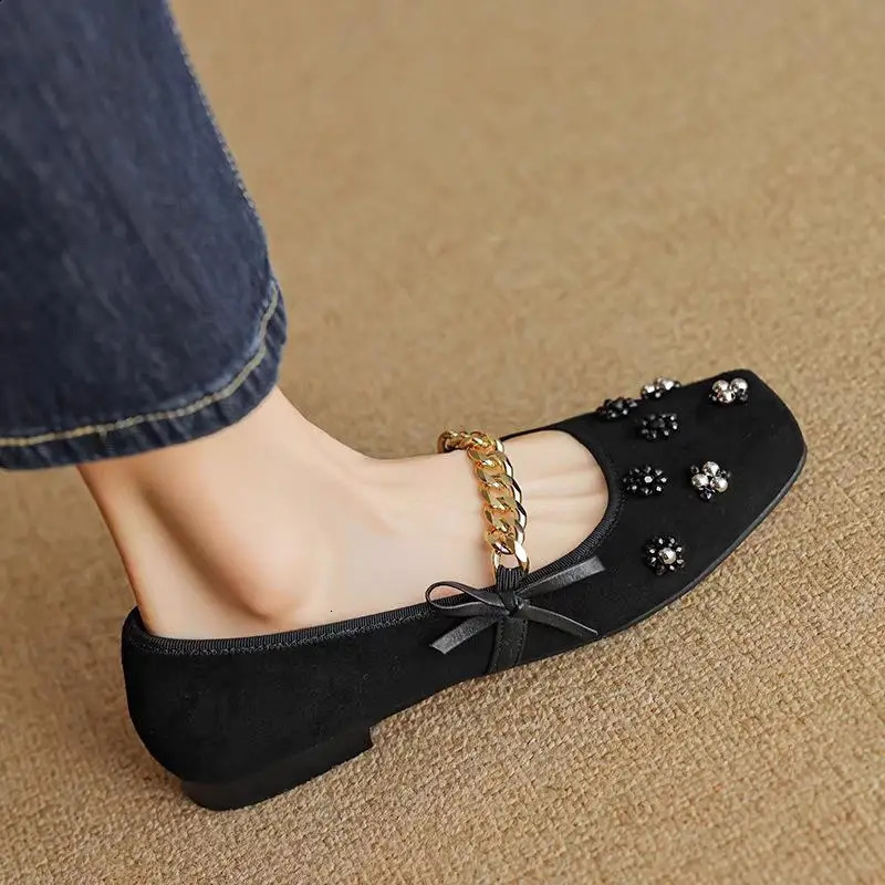 Casual Woman Shoe Square Toe Metal Chain Female Footwear Low Heels Pearl Decorateion Soft Retro Buckle Dress Beading 250731