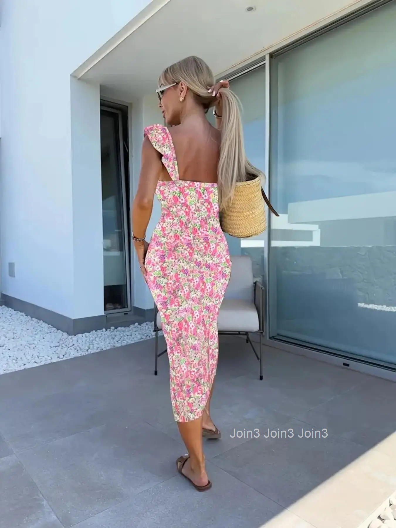 European and American summer new elegant design French flower suspender slit midi-length ladies dress