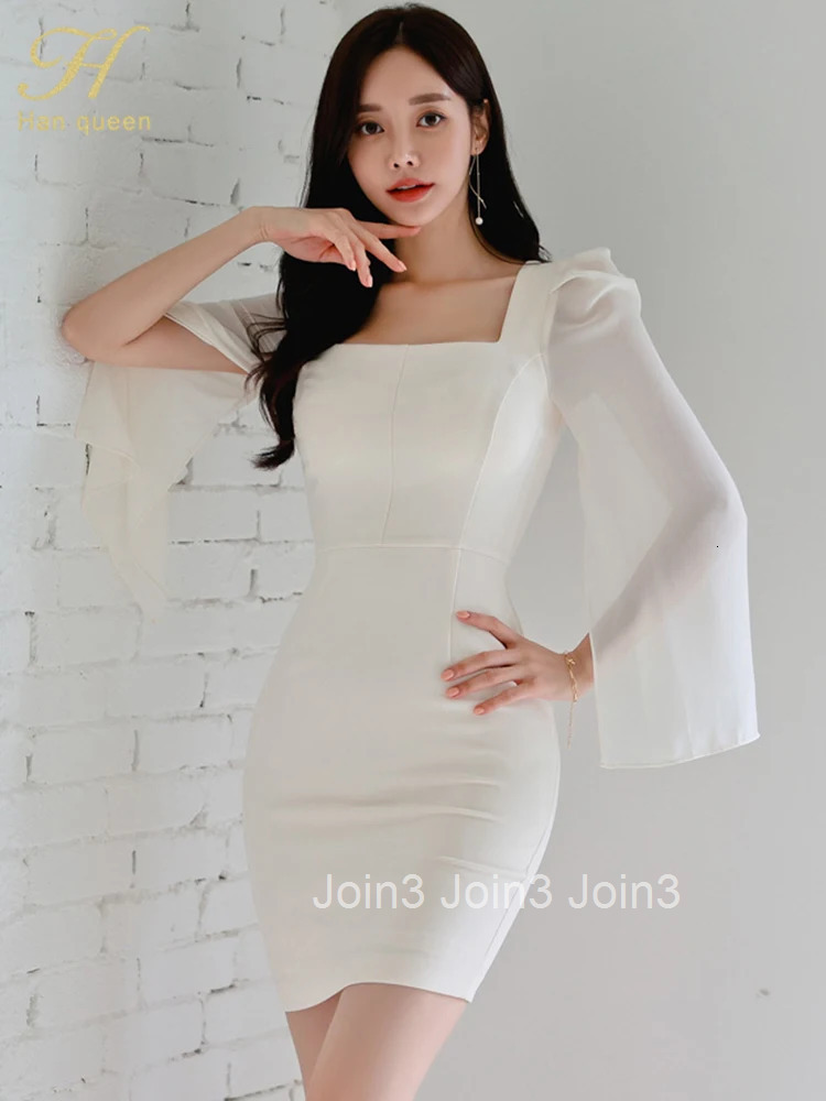 Autumn Vestido Korean Elegant Sexy White Fashion Flare Sleeve Work Party Dress Women Sexy Sheath Pencil Dresses