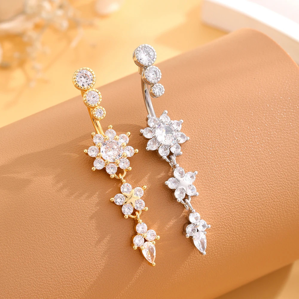Gold Color Stainless Steel Belly Button Ring Long Dangled Flower CZ Crystal Navel Belly Piercing Rings for Women Sexy Jewelry 250805
