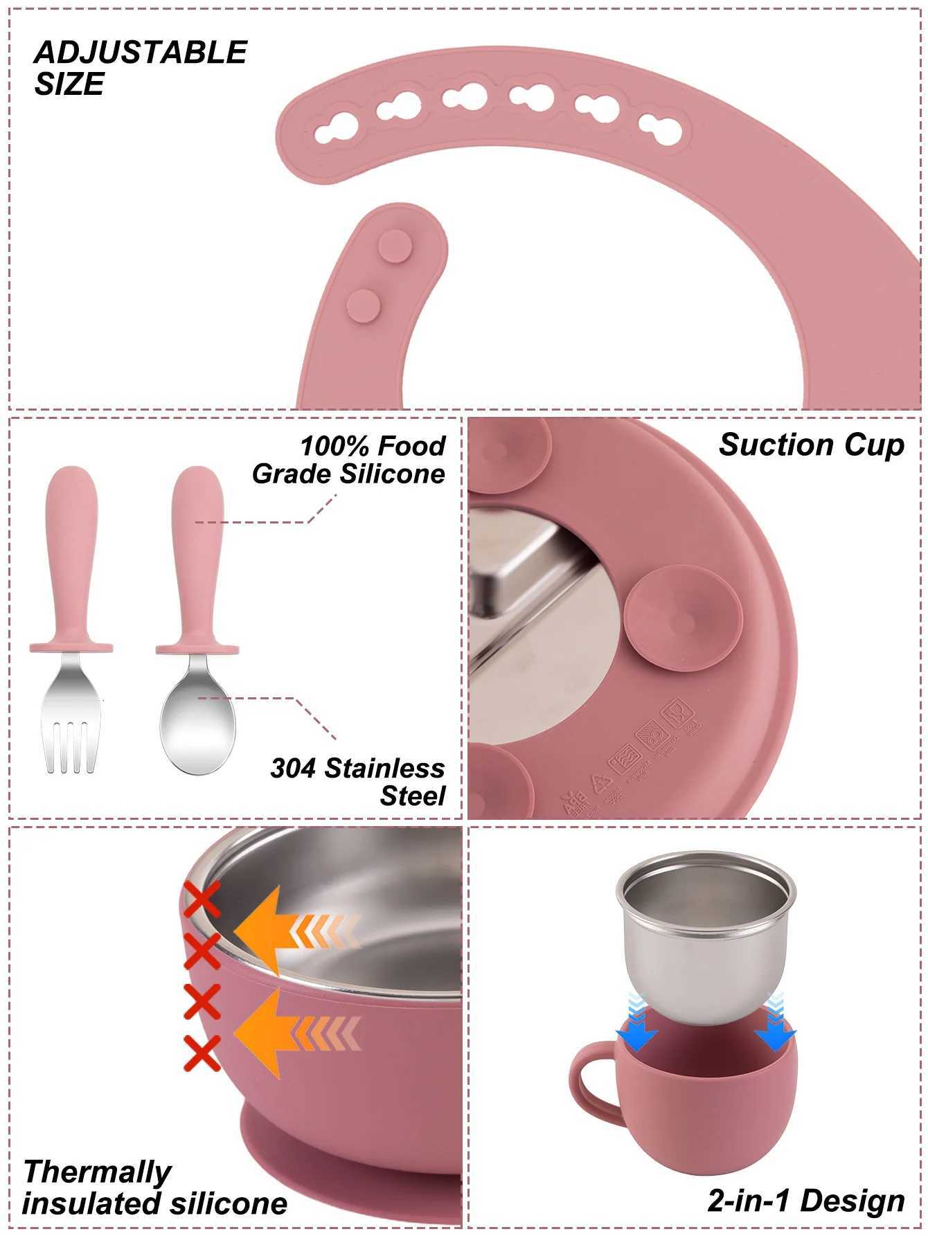6PCS Stainless Steel Detachable Dishes Plate Baby Feeding Set BPA Free Silicone Bowl Cup Fork Spoon For Infant Training Gifts X250806