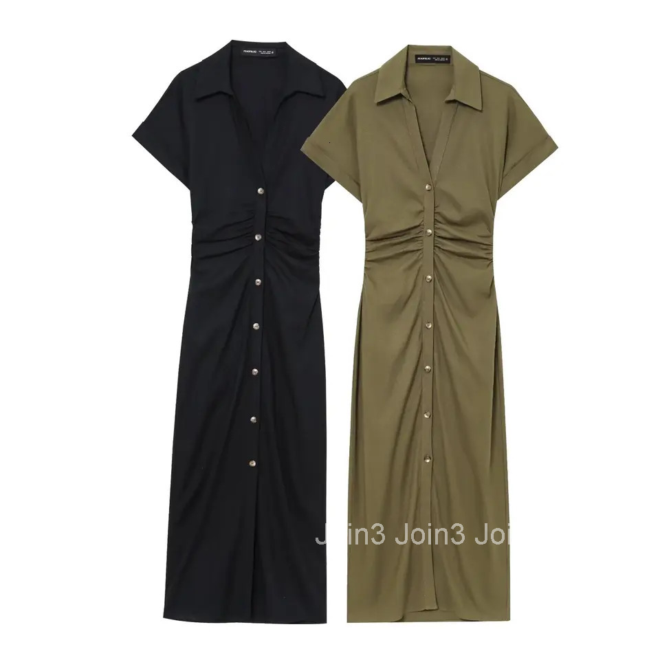 ETJ Spring/Summer New TRAF Womens elegant holiday style refreshing and comfortable short-sleeved V-neck MIDI dress
