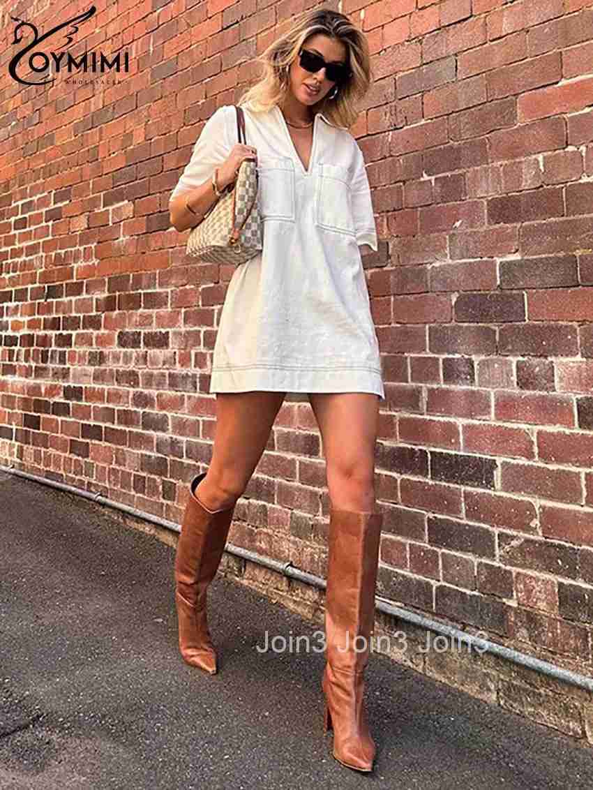 Casual White Cotton Womens Dress Elegant Turn-Down Collar Half Sleeve Dresses Summer Pockets Straight Mini Dress Female