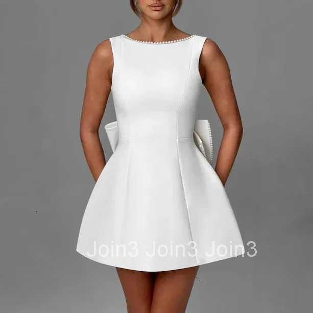 Spring Evening Dress Women White Pearl Sleeveless Backless Bow Elegant Short Dresses Female Vestidos Fashion Clothes Ladies