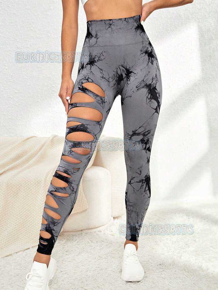 Seamless Tie-dye Hollow Out Ripped High-waisted Tight-fitting Hip-lifting Quick-dry Training Fitness Pants Sports Long Pants for Women H250806