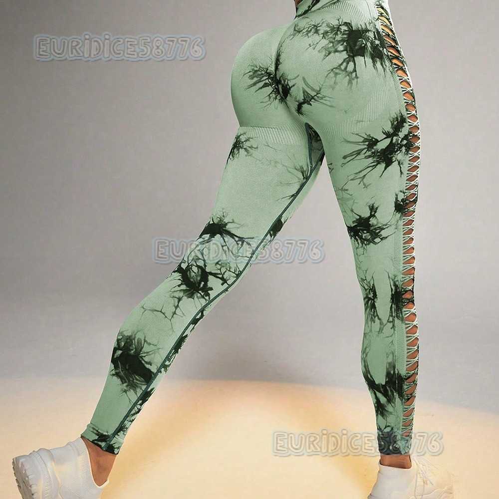 Outdoor Sports Quick-dry Tight High-waist Hip-lifting Fitness Leggings Side Hollow Tie-dye Yoga Pants for Women H250806