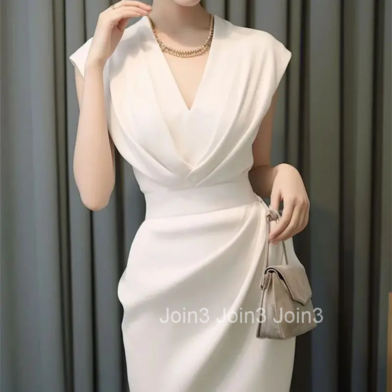 Summer New White Elegant Womens Formal Dress Vintage V-Neck High Waist A-Line Midi Dress Celebrity Evening Party Vestidos 029P