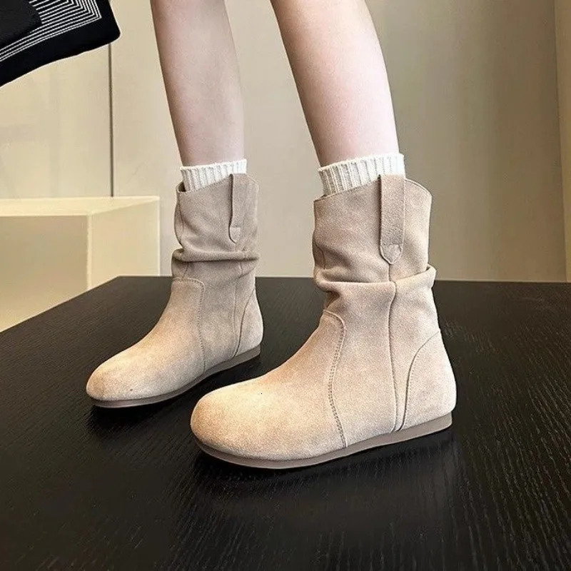 Flats Suede Casual Shoes Women Ankle Boots Slip-on Autumn Apricot Goth Round Toe Short Botas Retro Versatile Chelsea Botines 250805