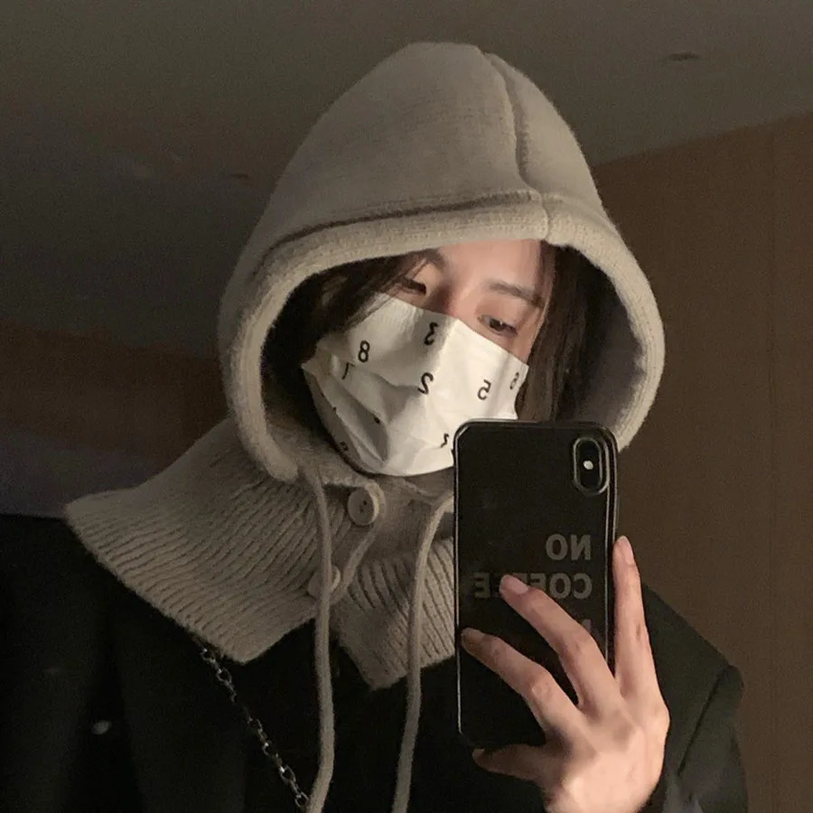 Winter Fashion Knitted Hooded Hat Women Grey Neck Cover Balaclava Beanies Korean Trend Y2k Wool Pullover Hat 250806