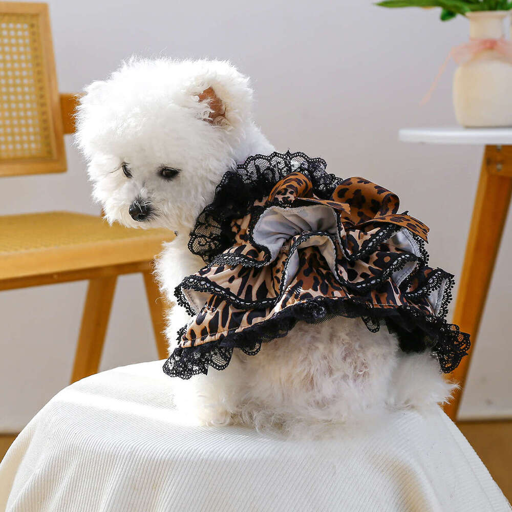 Pet Puppy Full Clothes Spring Summer New Leopard Print Lace Dress