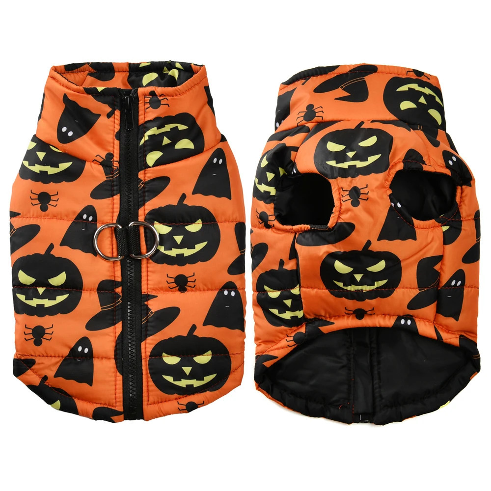 Winter Warm Dog Jacket For Small Medium Dogs Cats With D-ring Windproof Halloween Pumpkin Print Puppy Clothes Schnauzer Pet Coat 250805