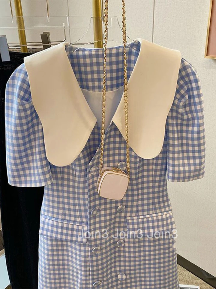 French Vintage Women Dress Summer Plaid Dresses Casual Puff Sleeve Fashion Ladies Elegant Chic Loose Dress