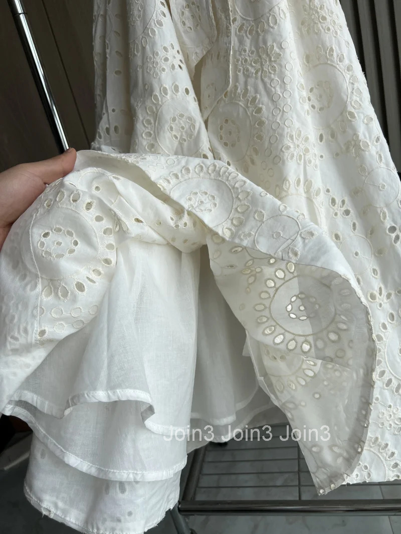 ETJ new TRAF womens elegant fashion hollow embroidery cotton shirt lapel short-sleeved dress temperament long skirt