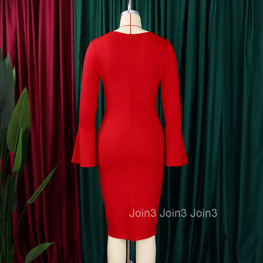 Elegant Office Dresses for Women Flare Sleeve Solid Sheath Package Hips Mid Calf Professional Female Business Work Wear Dress OL