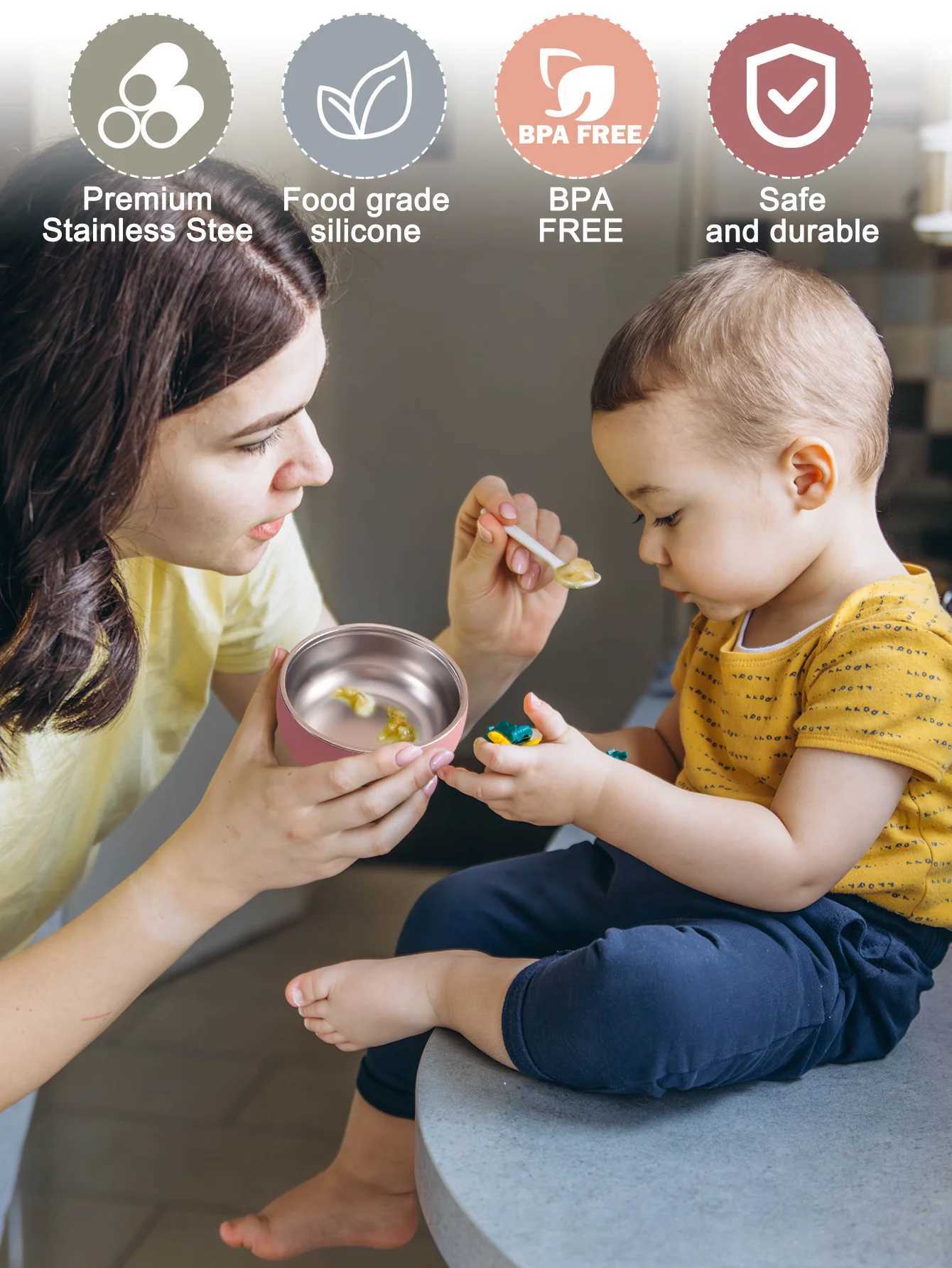 2PCS Baby Stainless Steel Dishes Plate With Suction Base For Food Feeding BPA Free Safe Silicone Bowl Newborn Tableware Items X250806