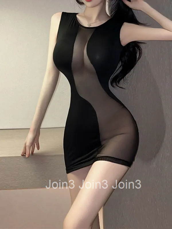 WOMENGAGA Sexy Spicy Girl Mesh Splice Transparent Sheer Tops Hollow Women Tight Sleeveless Dress Elegant Hot Sexy Korean H2Q3