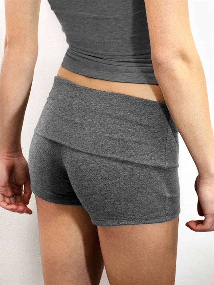 Women's Summer Slim Sporty Fiess Short Pants Solid Color Fold Over Low Waist Lounge Shorts Casual