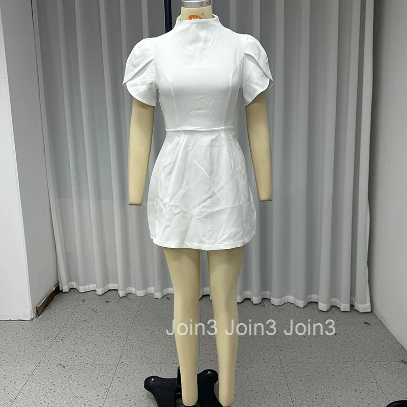 Wefads Women Mini Dress Elegant Fashion Solid Short Puff Sleeve Round Neck Nipped Waist Backless With Bow Mini Skirt Party Dress