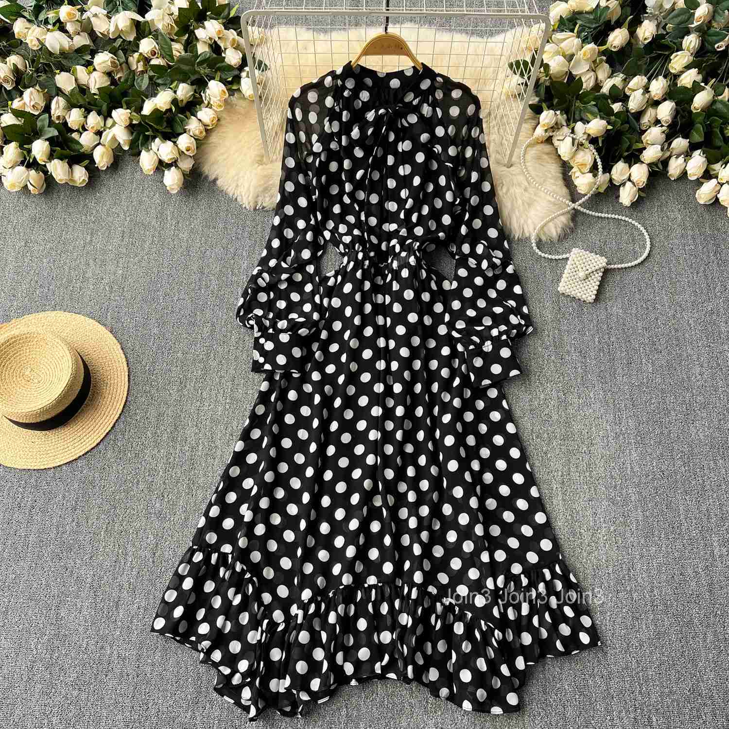 Retro Elegant Pleated Puff Sleeves dot sweet Dress Beach Vacation Casual Women A-LINE chiffon Fashion Summer basics Dresses