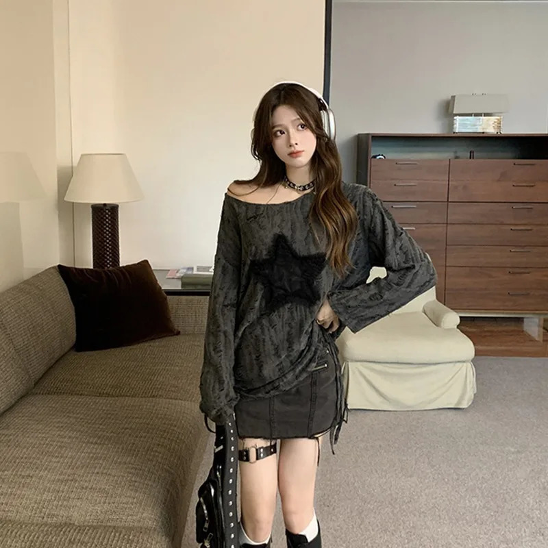 Harajuku Tshirts Fashion Tops Star Hollow Out Long Sleeve T Shirt Korean Kawaii Ropa Mujer Casual Y2k T-shirt Clothes for Teens 250806