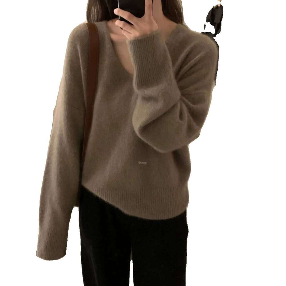 Foreign Style V-Neck Pure Cashmere Women Lazy Loose Knit Sweater Korean Version Of Thin Wool Base Shirt Top 250806