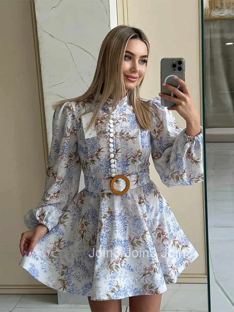 Elegant Printed Short Dress Women With Belt Single Breasted O-neck Long Sleeve A-line Dresses Fashion Party Vestidos Lady