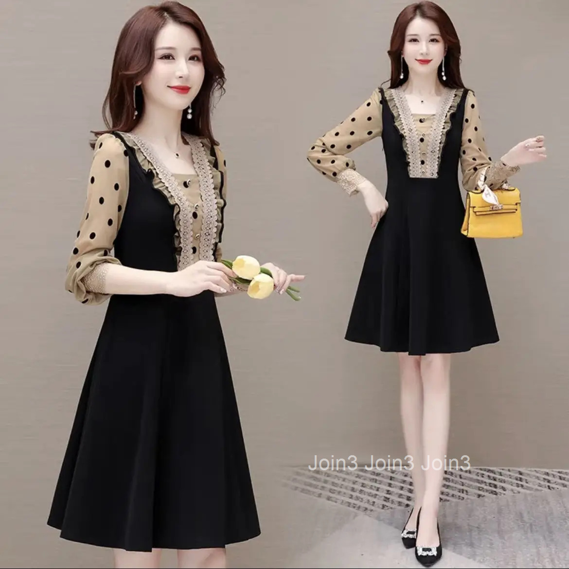 Stylish Polka Dot Spliced Lace Midi Dress Spring Autumn A-Line Waist Basic Female Clothing Elegant Square Collar Ruffles Dresses