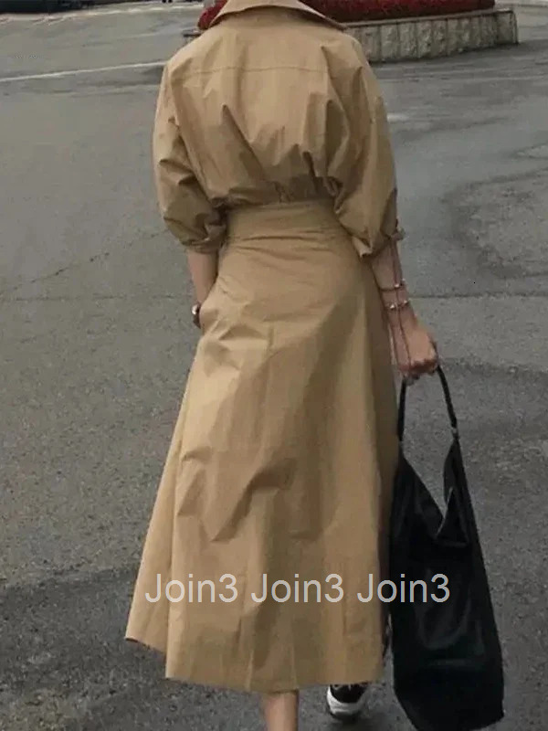 Women Casual Long Shirts Dresses Summer Spring Clothes Khaki Puff Sleeves Botton Simple Maxi Dresses for Women