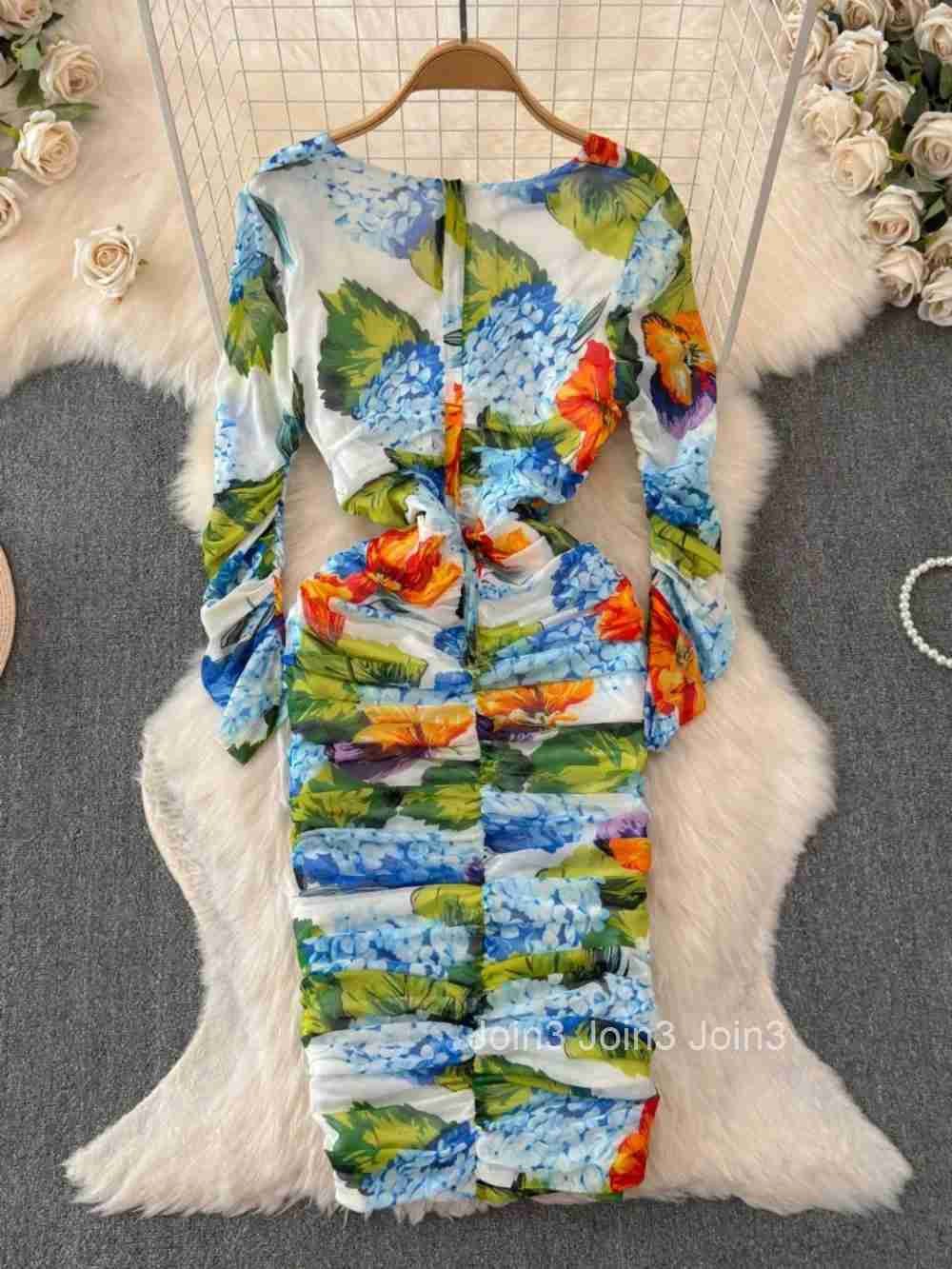 Fresh Print Vestidos Mujer Women Bodycon Dresses Square Collar Long Sleeve Dress Elegant Feminino Vestido Autumn Robes