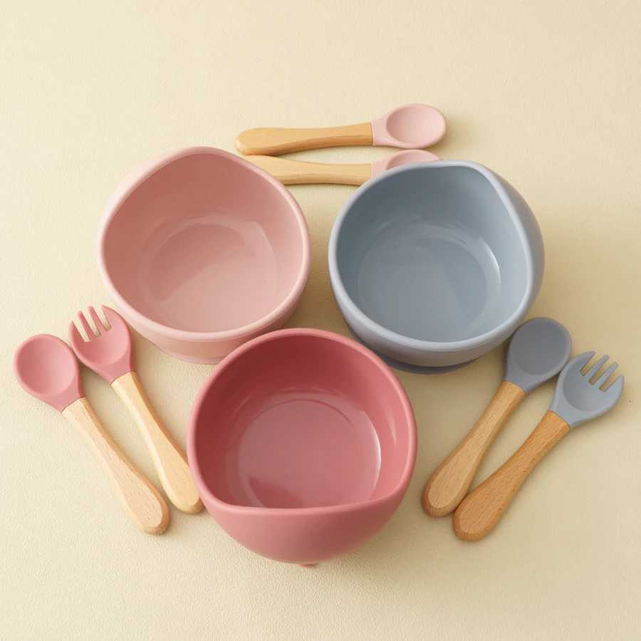 3PCS Food Grade Silicone Baby Feeding Bowl Set Solid Color Dishes Waterproof Feeding Bowl With Spoon Fork Children Tableware X250806