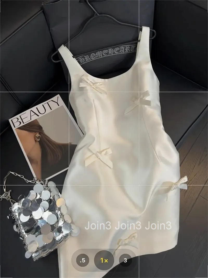 Celebrity Premium Sweet Bow Tank Overall Dress Women Elegant Sleeveless Straight Stain Camisole Dress Summer Banquet Pure Cloth