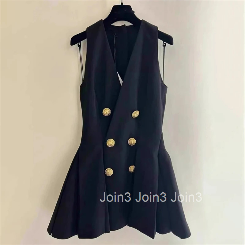 y2k summer new womens V-neck metal double-breasted sleeveless dress high quality fashion retro casual A-line mini skirt