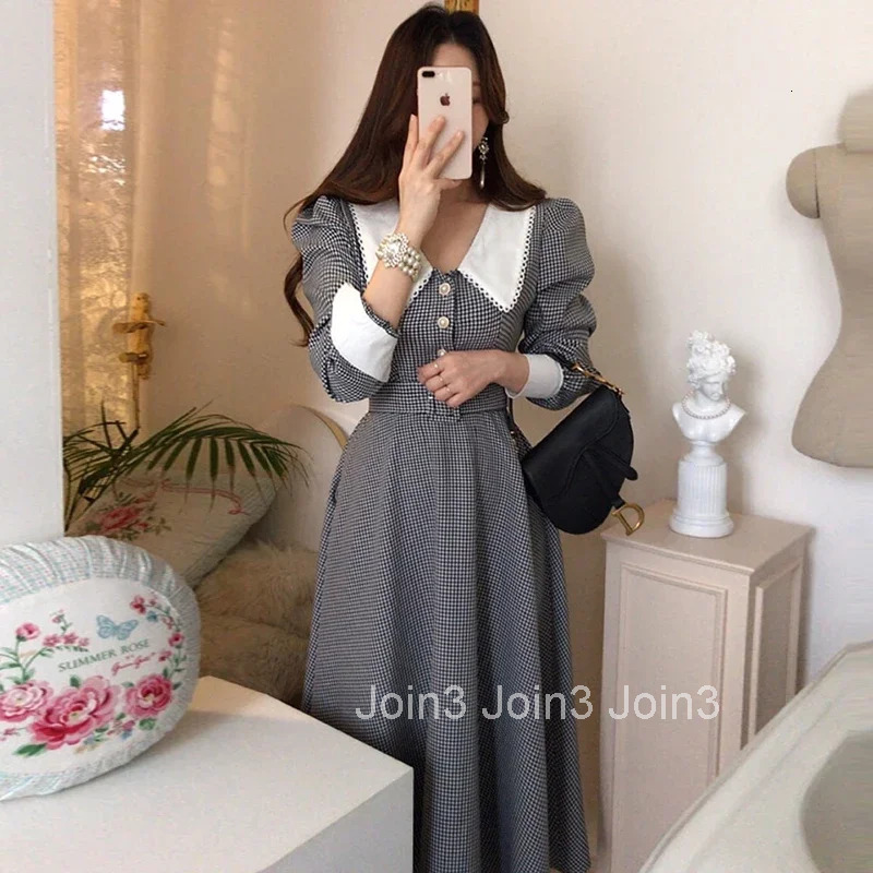 Korean Chic Temperament Single-breasted Lapel Plaid Dress Sashes Slim High Waist Puff Long Sleeve Vestido Feminino Elegant Fall