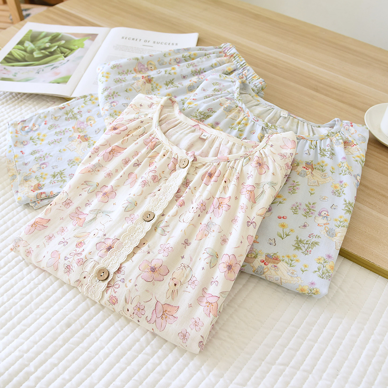 Spring and summer cotton double-layer gauze pajama set for home wear, soft digital printed breathable cartoon home wear set