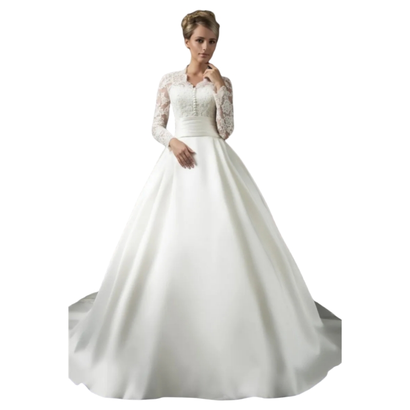Elegant Princess Wedding Dresses A-Line Ivory Satin Long Sleeves Bridal Gown Lace Appliques V-Neck Vestidos De Novia Court Train