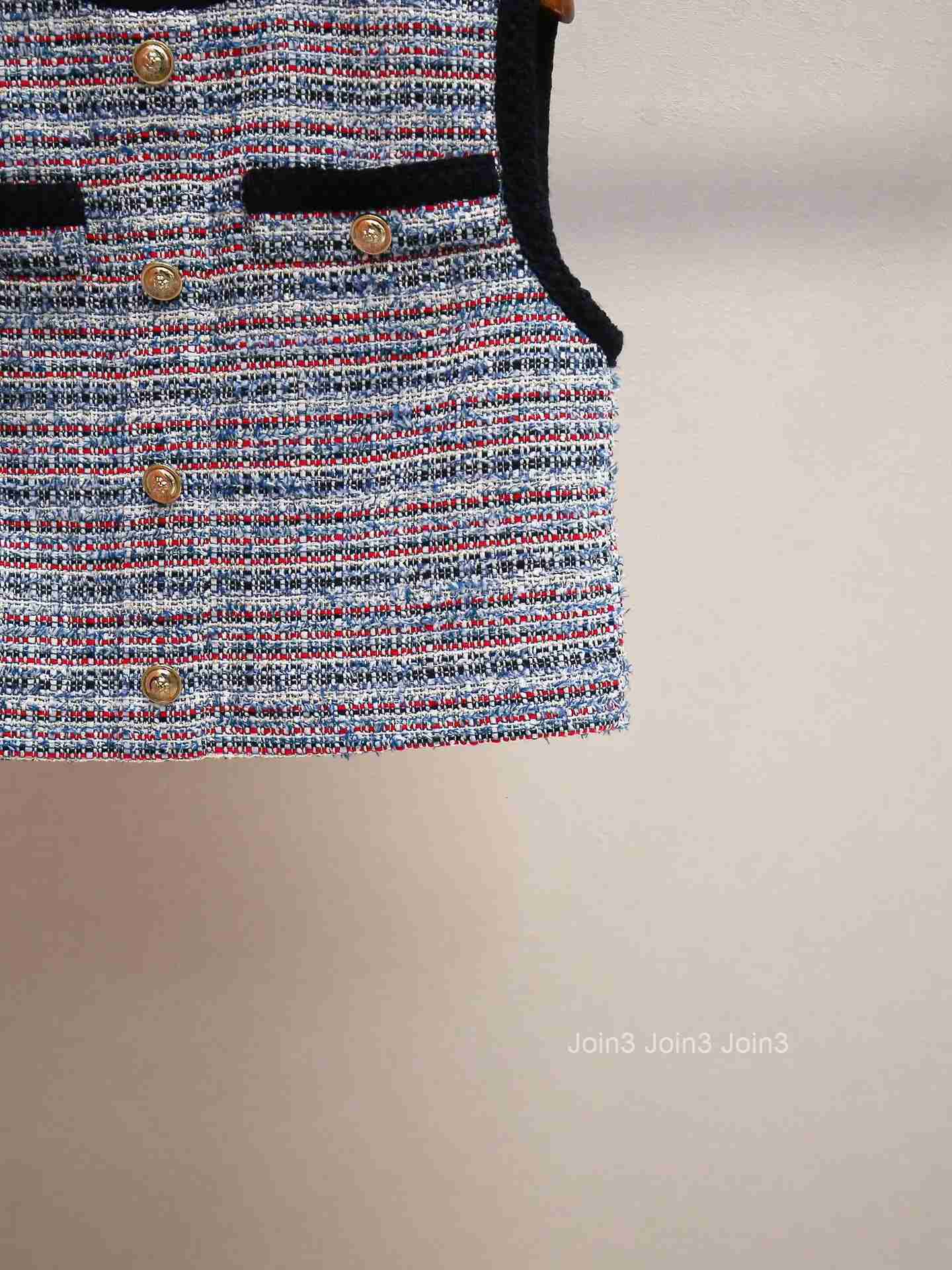 Vintage Tweed Womens Two-Piece Set Dress Round Neck Single Breasted Sleeveless Vest Top or Patchwork A-Line Short Robe