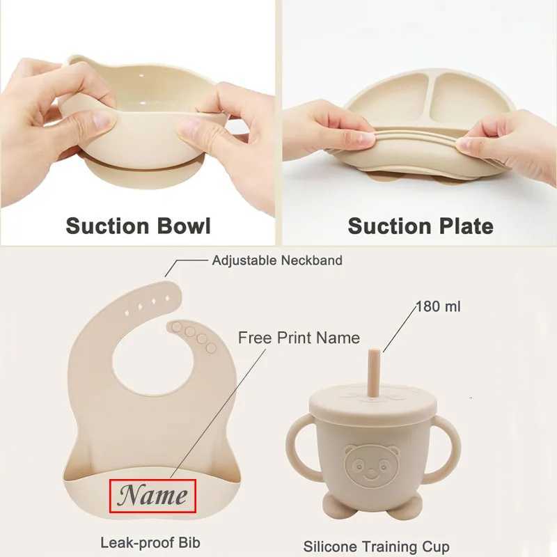 Personalized Name Baby Feeding Set Kids Silicone Plate Bowl Straw Cup Customized Childrens Tableware Baby Supplies Newborn Gift X250806