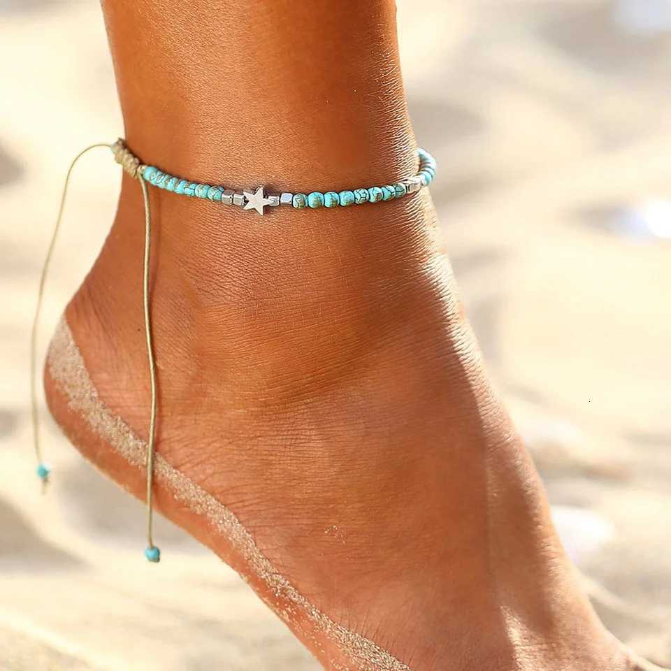 Summer Beach Boho Double Heart Anklets for Women Fashion Shell Starfish Ankle on Leg Barefoot Handcraft Chain Jewelry Y250805