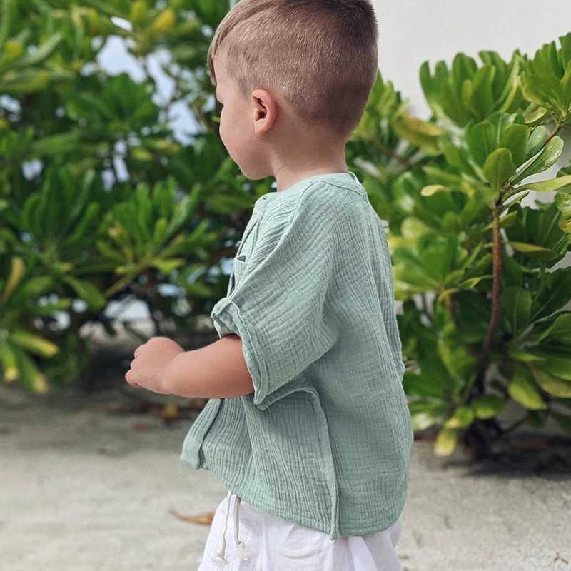 100% Cotton Muslin Boys T-shirt 2025 Summer New Childrens Casual Loose Short-Sleeve Pocket Tops TZ057 X250806