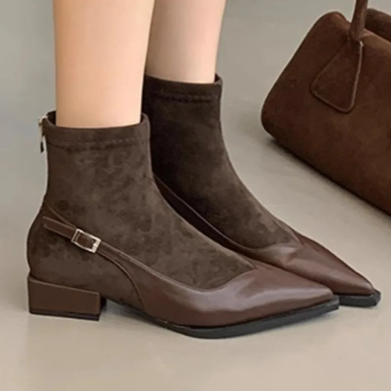 Ankle Boots Womens Thick Heels Mid Heels Suede Pointed Toe 2025 Trend Autumn Outdoor Walking Lightweight Chelsea Boots 250805