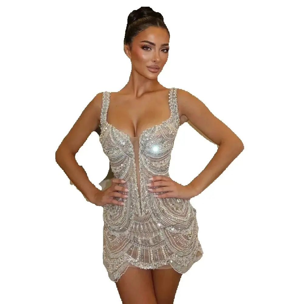 Sexy Spaghetti Straps Cocktail Evening Dresses Sleeveless Beaded Above Knee Length Women Prom Dress Sexy Sequins Robe De Soriee
